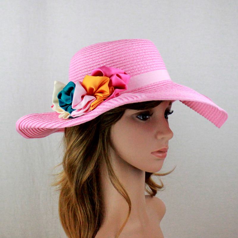 Womens Summer Sun Beach Straw Foldable Wide Brim Floppy Hat Flower ...